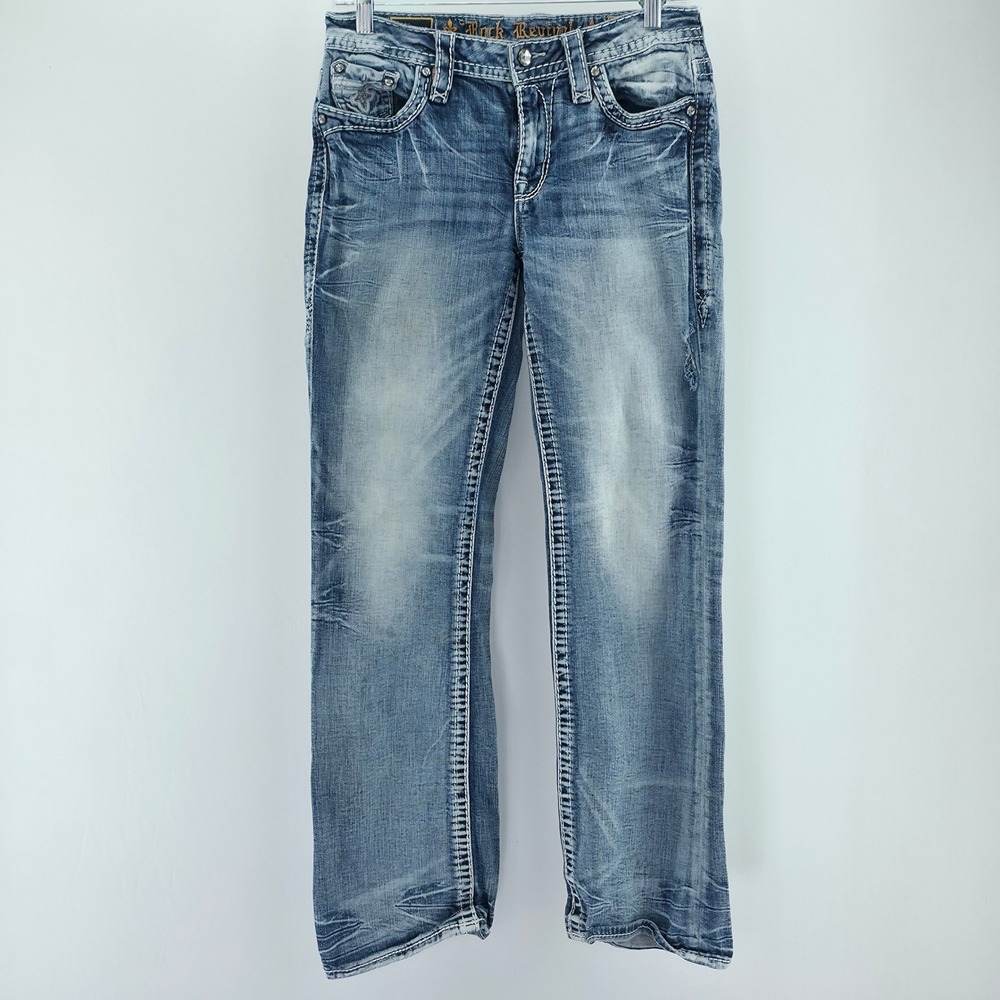 Rock Revival Fay Jeans Women 28 Blue Mid Rise Bootcut Distressed Embroidered Y2K